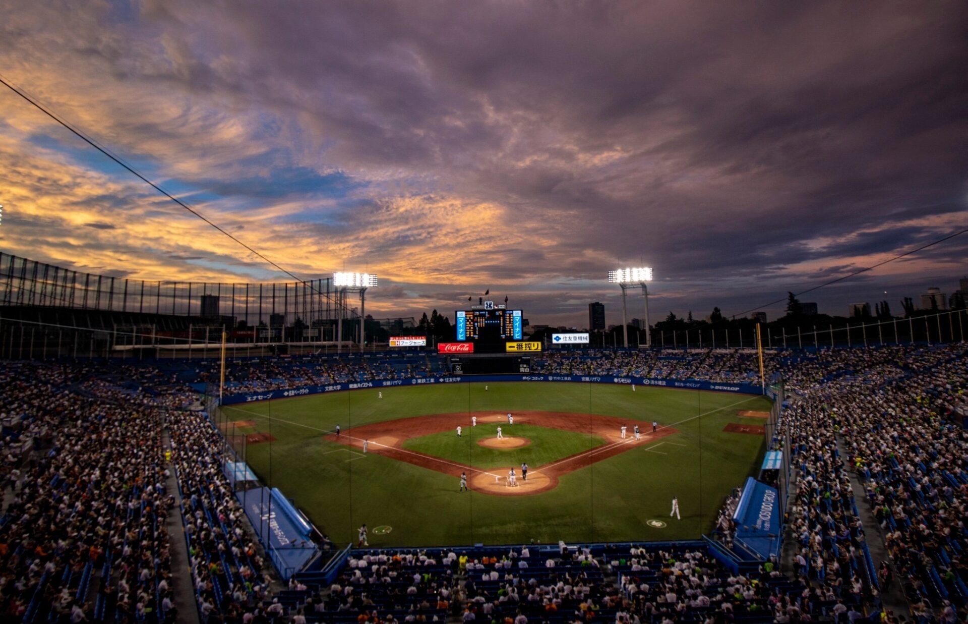神宮球場のナイター風景。夕焼けに染まる空と、照明に照らされたグラウンド。多くの観客が試合を見守っている。