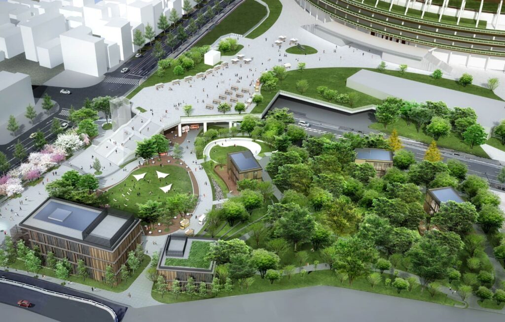 新しく生まれ変わる明治公園の完成予想パース。豊かな緑と、広々とした空間、そして新しい施設が特徴。